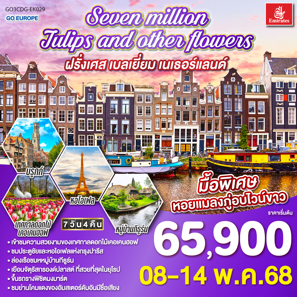 ทัวร์ฝรั่งเศส Seven million tulips and other flowers ฝรั่งเศส เบลเยี่ยม เนเธอร์แลนด์ 7วัน 4คืน  (EK)