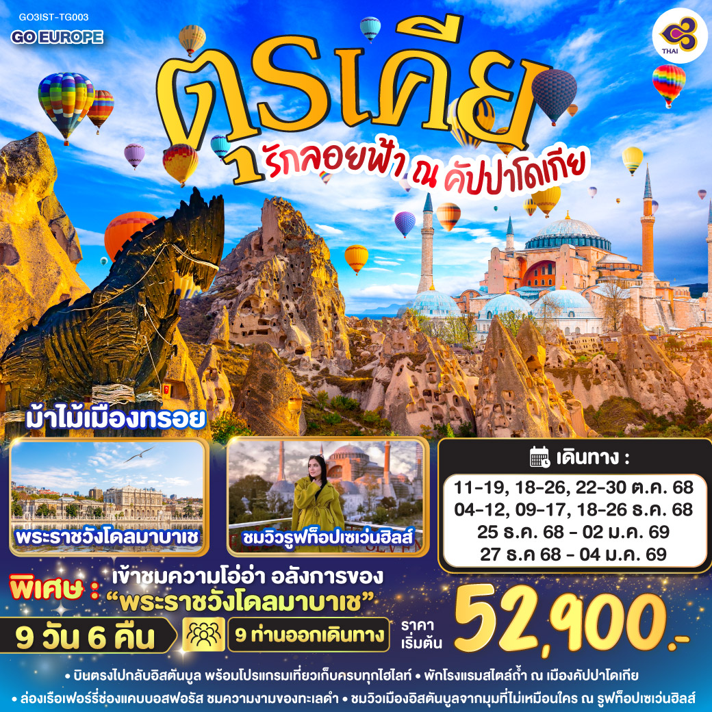 ทัวร์ตุรกี รักลอยฟ้า ณ คัปปาโดเกีย ตุรเคีย 9วัน 6คืน  (TG)