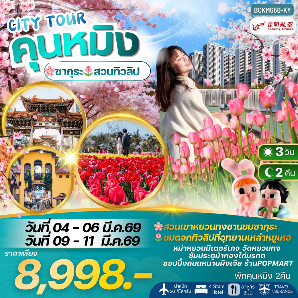 ทัวร์จีน CITY TOUR KUNMING คุนหมิง ชมซากุระ+ทิวลิป พักคุนหมิง 2 คืน 3วัน 2คืน (KY)