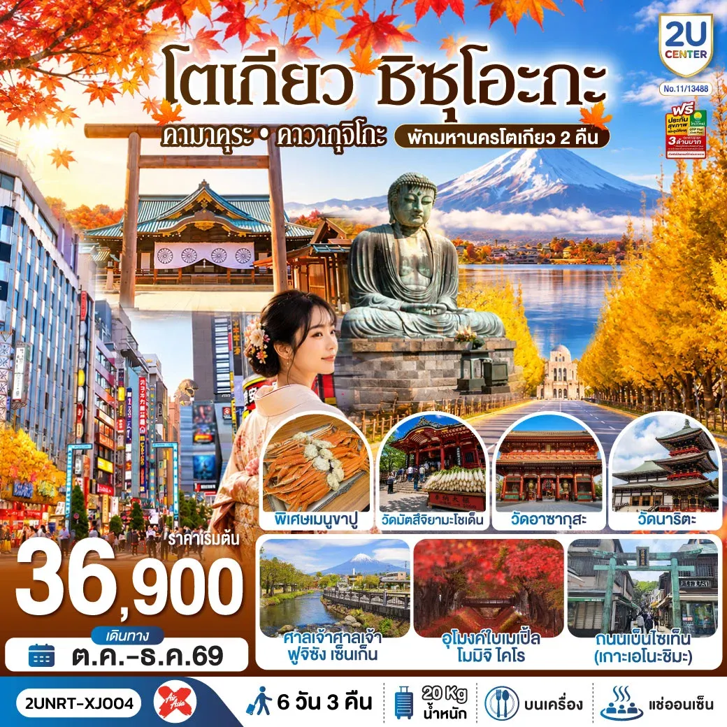 ทัวร์ญี่ปุ่น โตเกียว ชิซุโอะกะ คามาคุระ คาวากุจิโกะ พักมหานครโตเกียว 2 คืน 6 วัน 3 คืน สายการบิน ไทยแอร์เอเชีย เอ็กซ์ 6วัน 3คืน (XJ)
