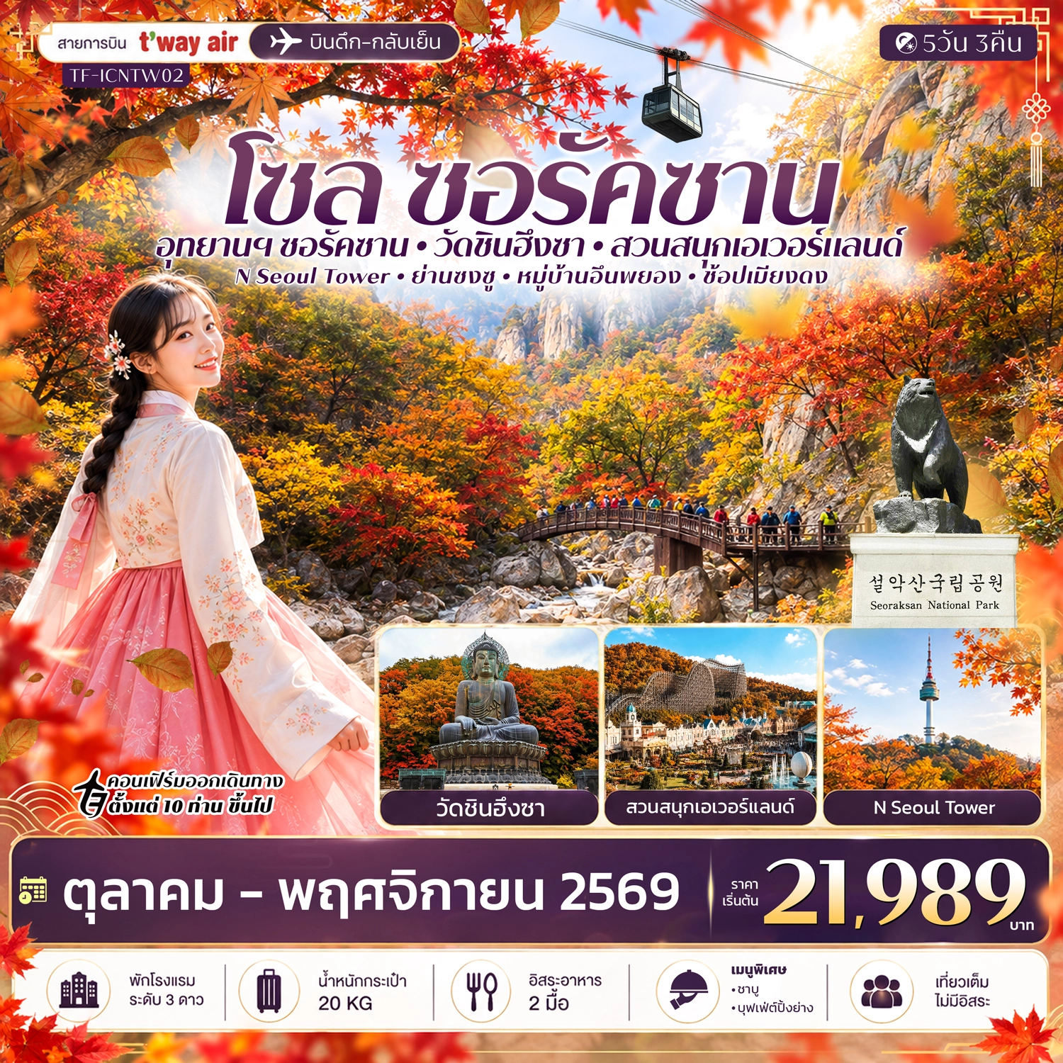 ทัวร์เกาหลี โซล ซอรัคซาน สวนสนุกเอเวอร์แลนด์ 5วัน 3คืน (TW)