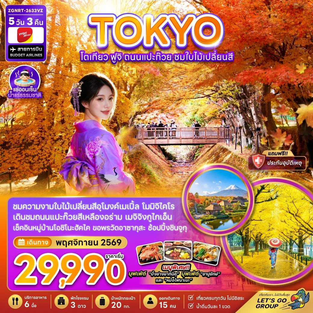 ทัวร์ญี่ปุ่น โตเกียว ฟูจิ ถนนแปะก๊วย ชมไบไม้เปลี่ยนสี (เที่ยวเต็มทุกวัน) 5วัน 3คืน (VZ)